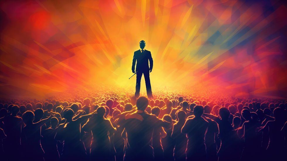 Silhouetted man in a suit stands before a huge crowd, backlit by blazing orange and yellow stage lights, creating a dramatic mood