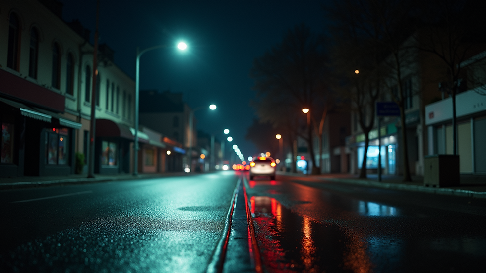 Eye-level view of a dimly lit city street at night