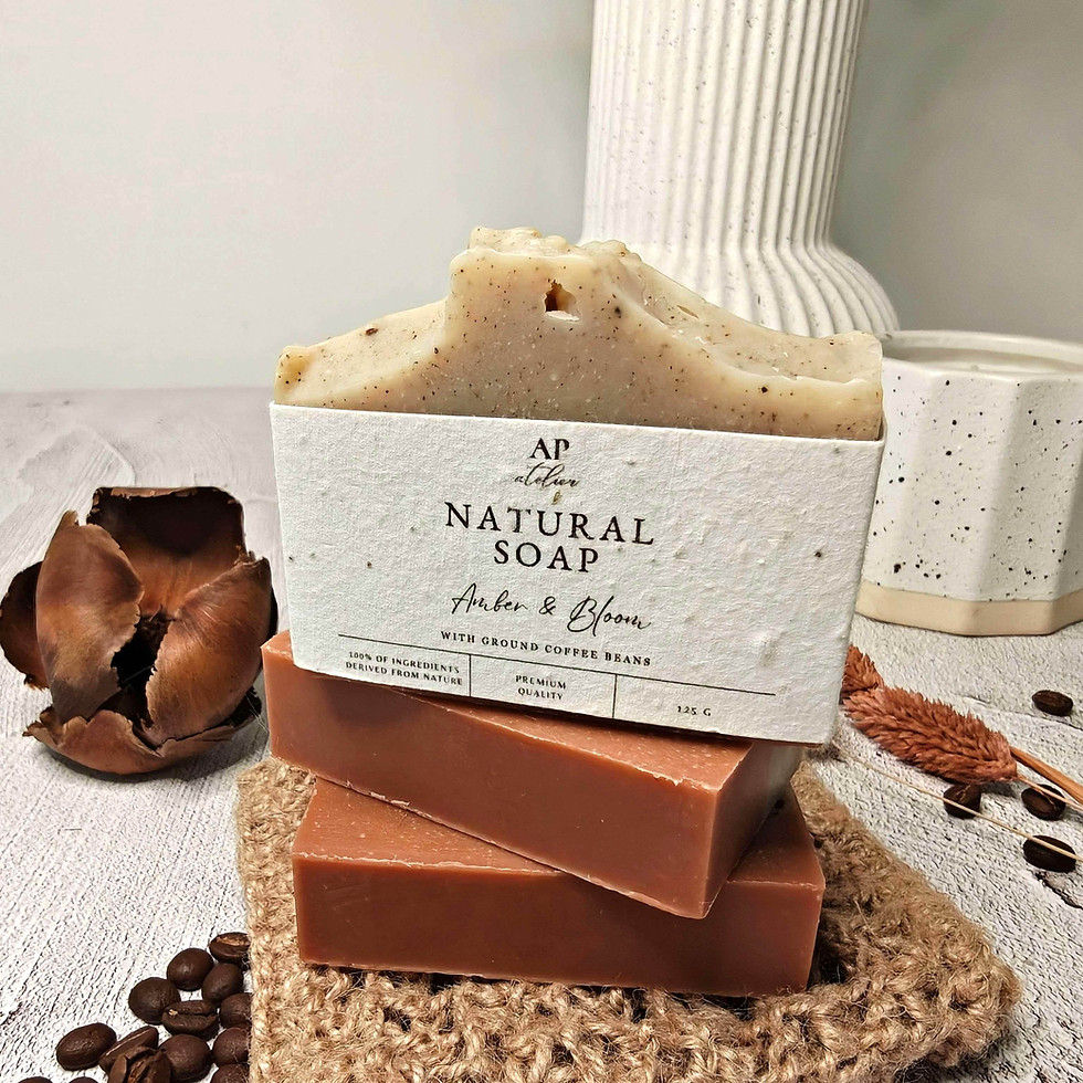 Amber and Bloom natural soap bar with exfoliating ground coffee beans