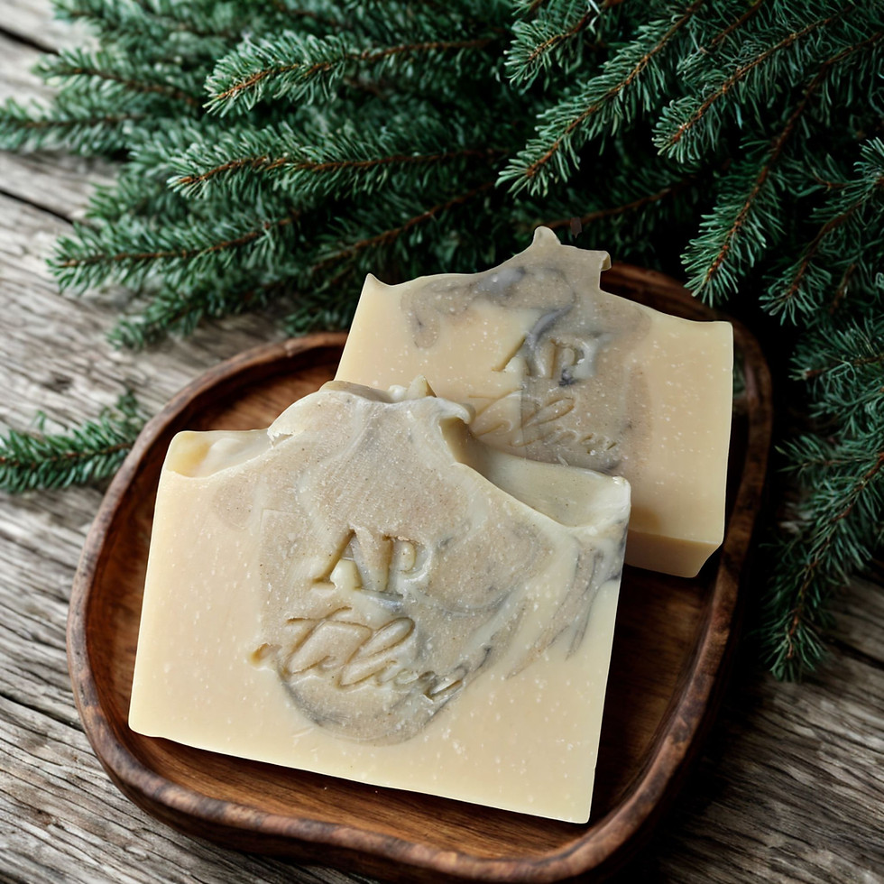 AP atelier Moss & Timber natural cedarwood soap bars on a rustic wooden dish surrounded by fresh pine branches