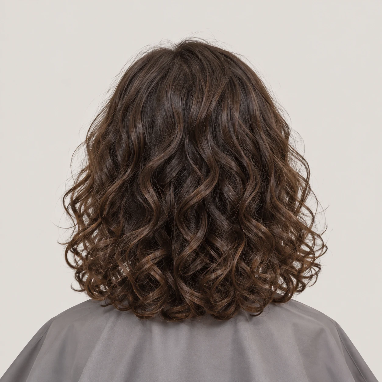 A shoulder-skimming curly haircut with a softly rounded outline.