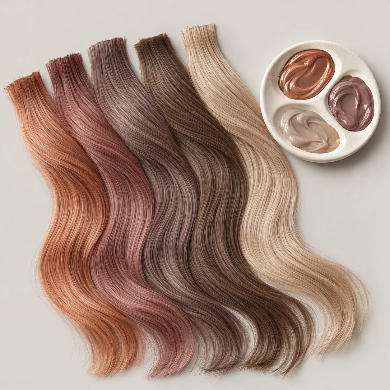 A bespoke palette of peach, rose, mauve, brunette and champagne hair swatches.