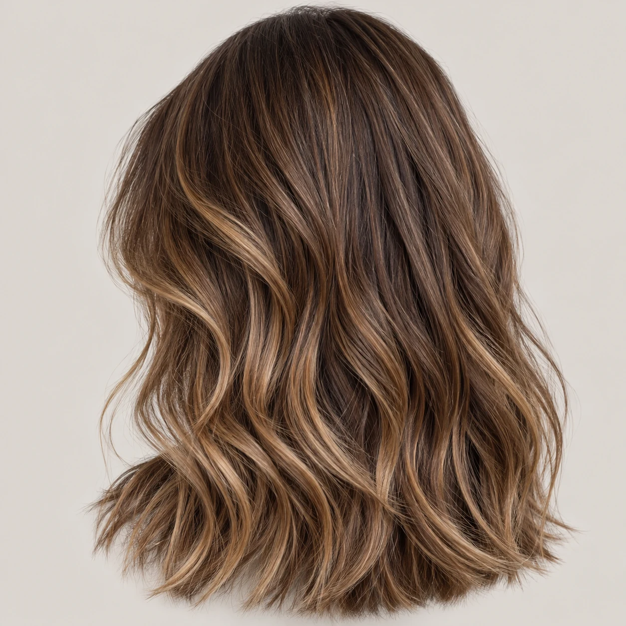 Brunette hair with subtle caramel balayage ribbons through the outer layers.