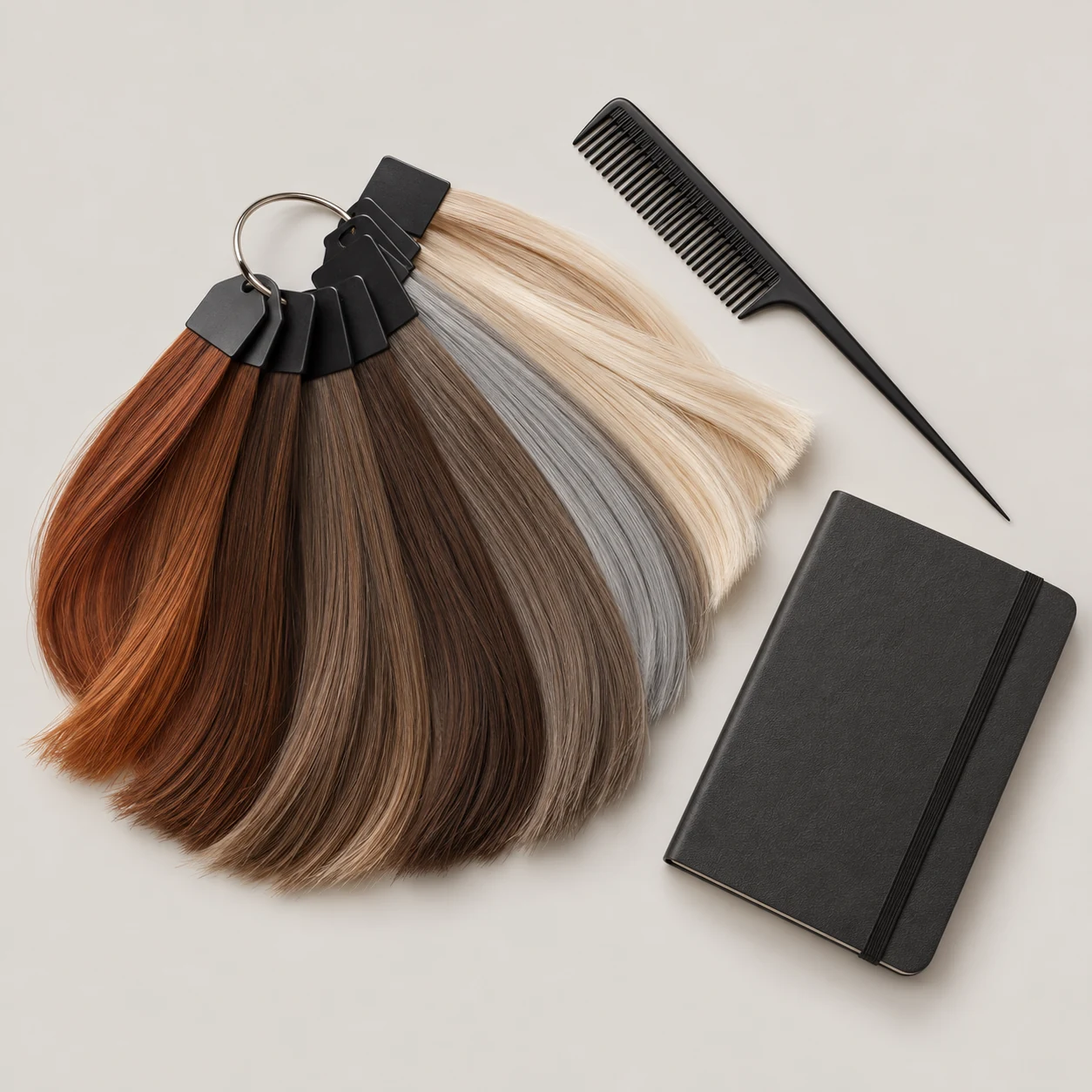 Natural hair-colour swatches, a tail comb and a notebook arranged for a consultation.