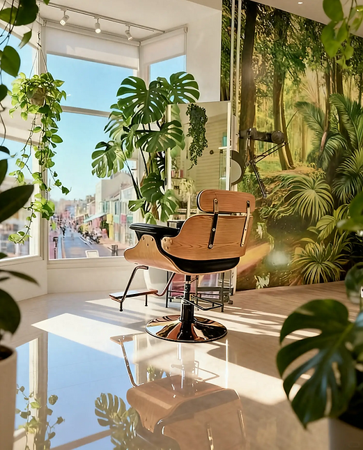 Salon Interior with lush green plants and single hairdressing chair facing an open view of Brightons North Laine, from Brighron hairdressers Dawson hair & Imaging.