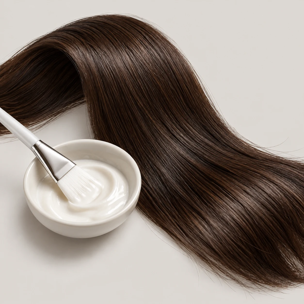 Healthy-looking dark hair beside a ceramic treatment dish and brush.