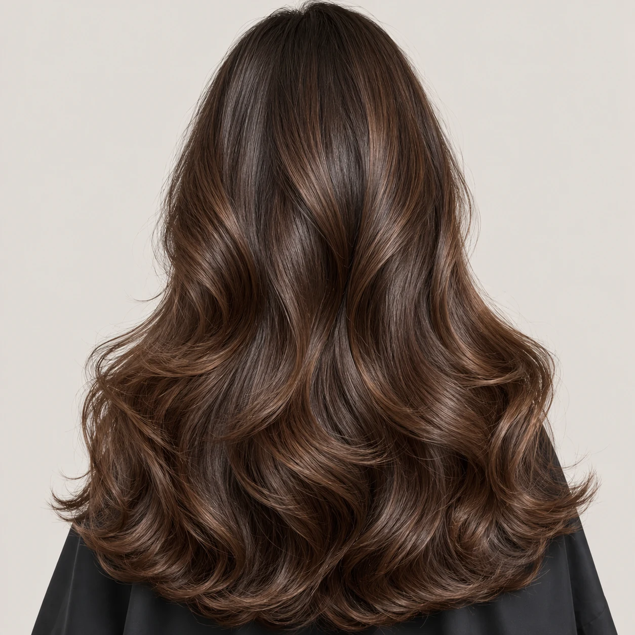 Chestnut hair styled with lifted layers and large bouncy blow-dry waves.