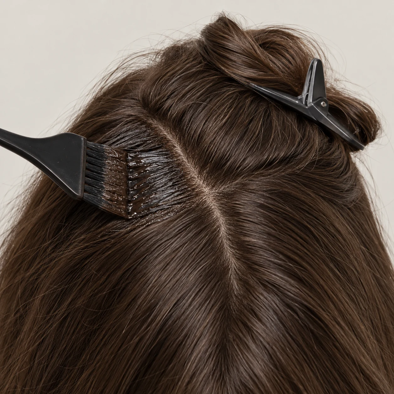 Dark-brown tint applied precisely to a section of brunette roots.
