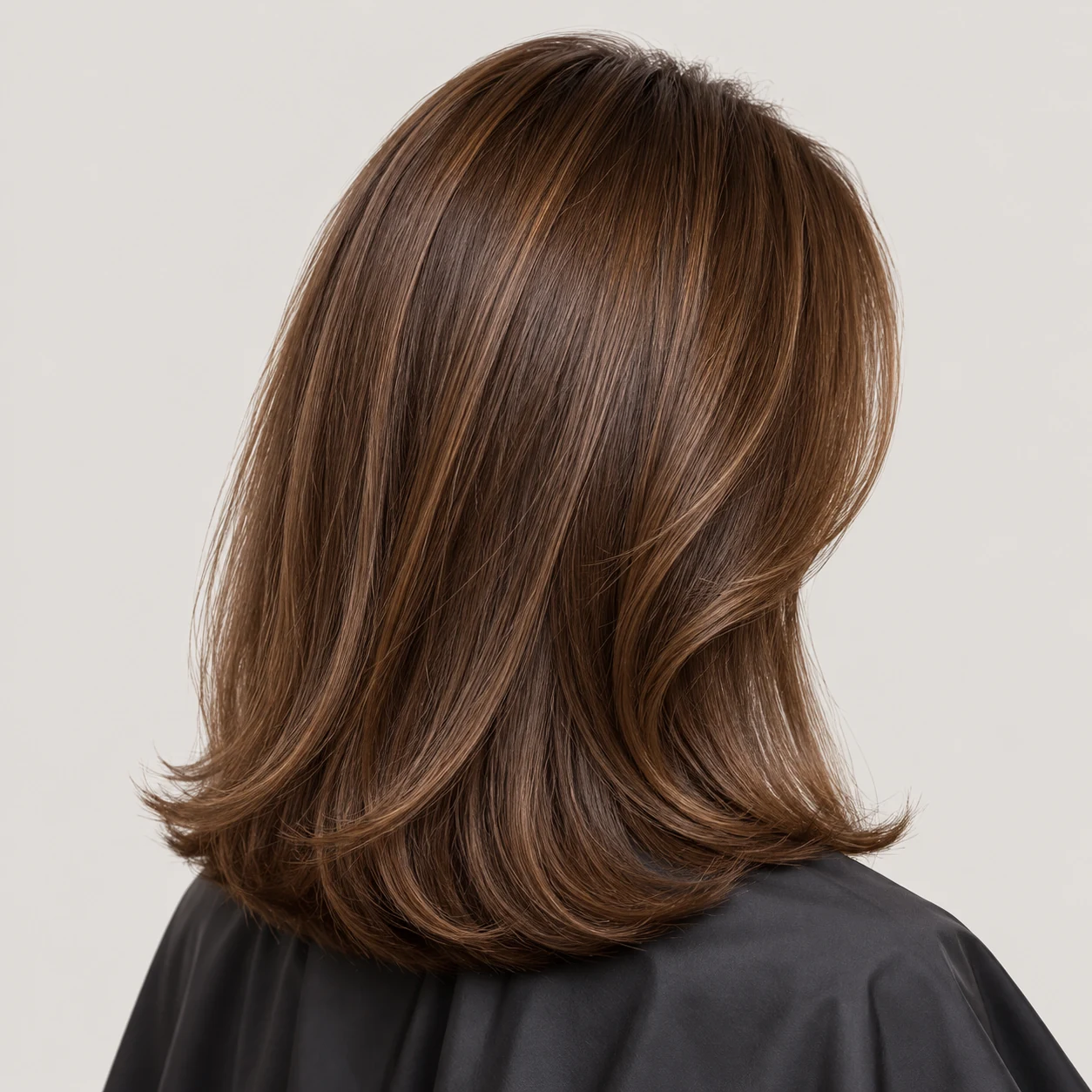 A smooth shoulder-length blow-dry with softly curved ends.
