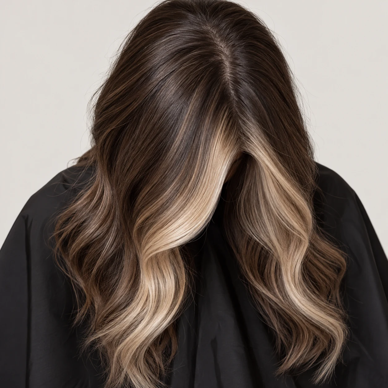 Champagne-blonde face-framing ribbons blended into a dark brunette base.