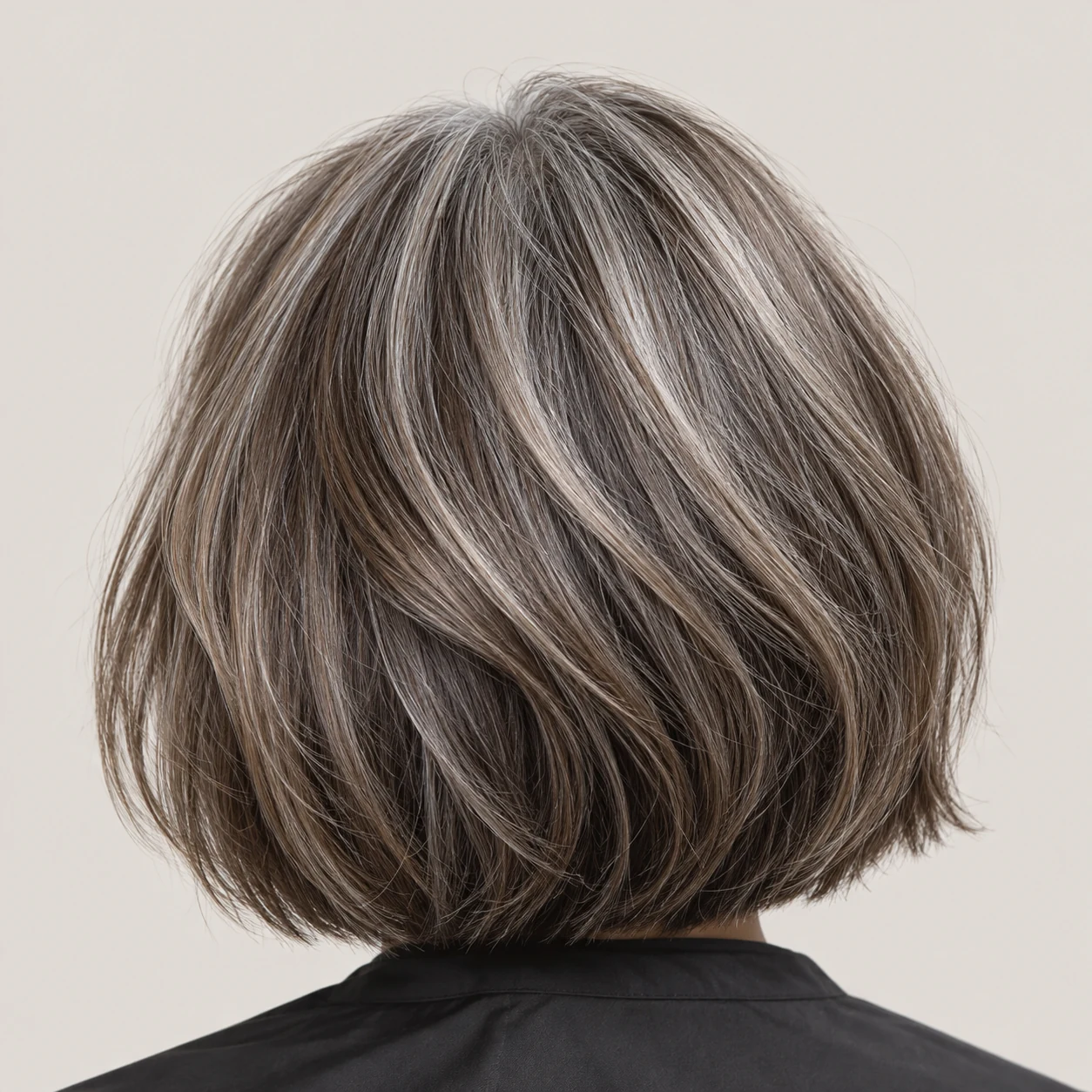 Silver strands blended with smoky brunette lowlights in a softly textured bob.