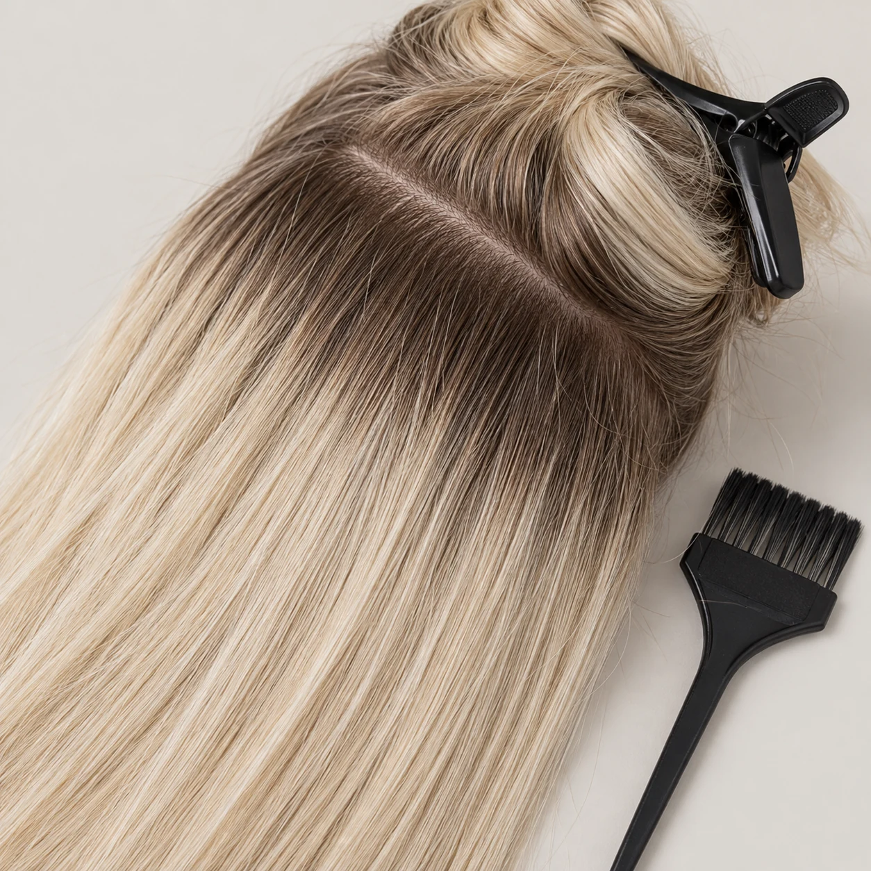 Sectioned blonde hair showing a longer band of natural regrowth.