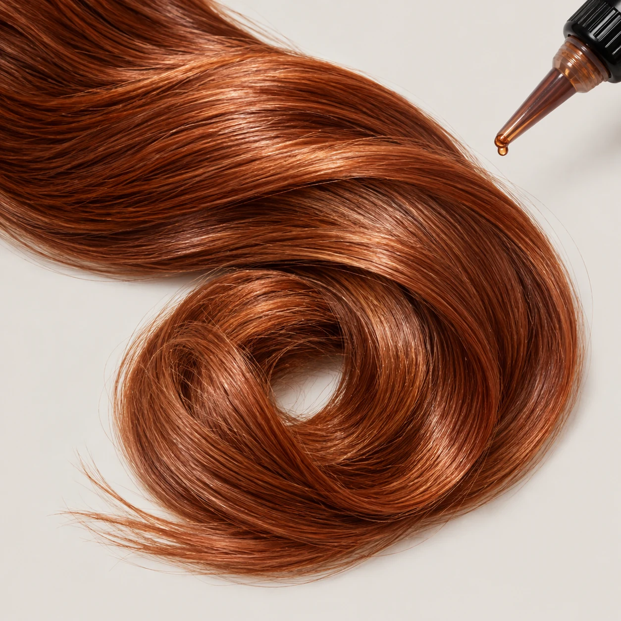 Auburn hair with a fresh translucent copper gloss and fine strand detail.