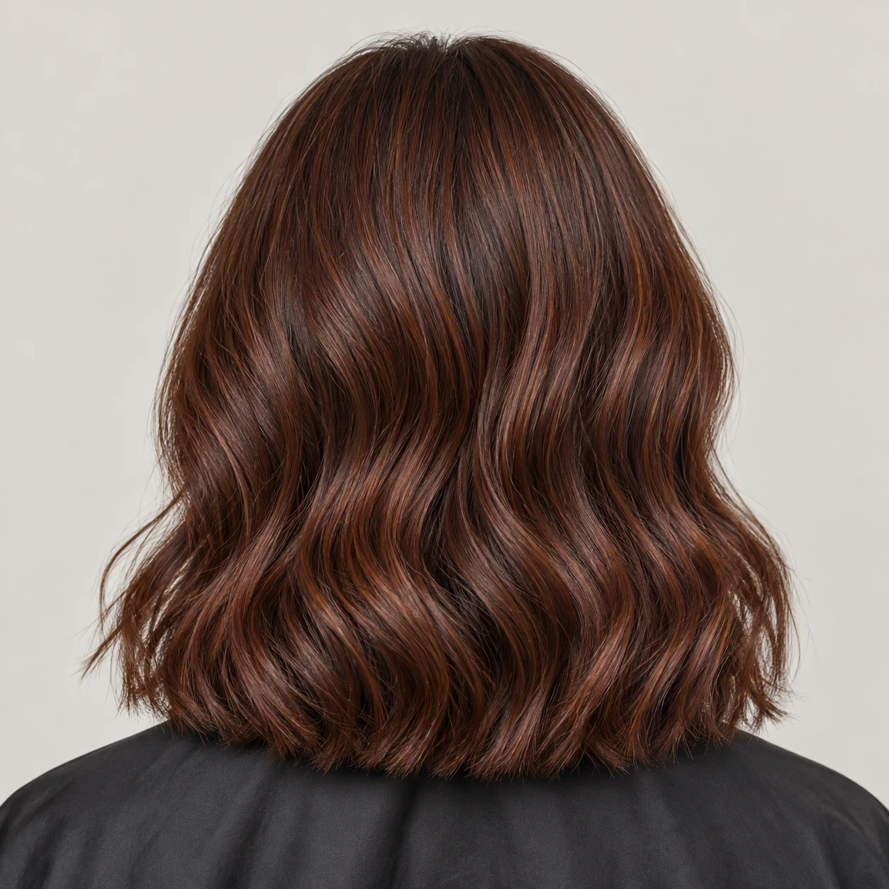 Chestnut hair with soft waves and rich mahogany demi-permanent colour.