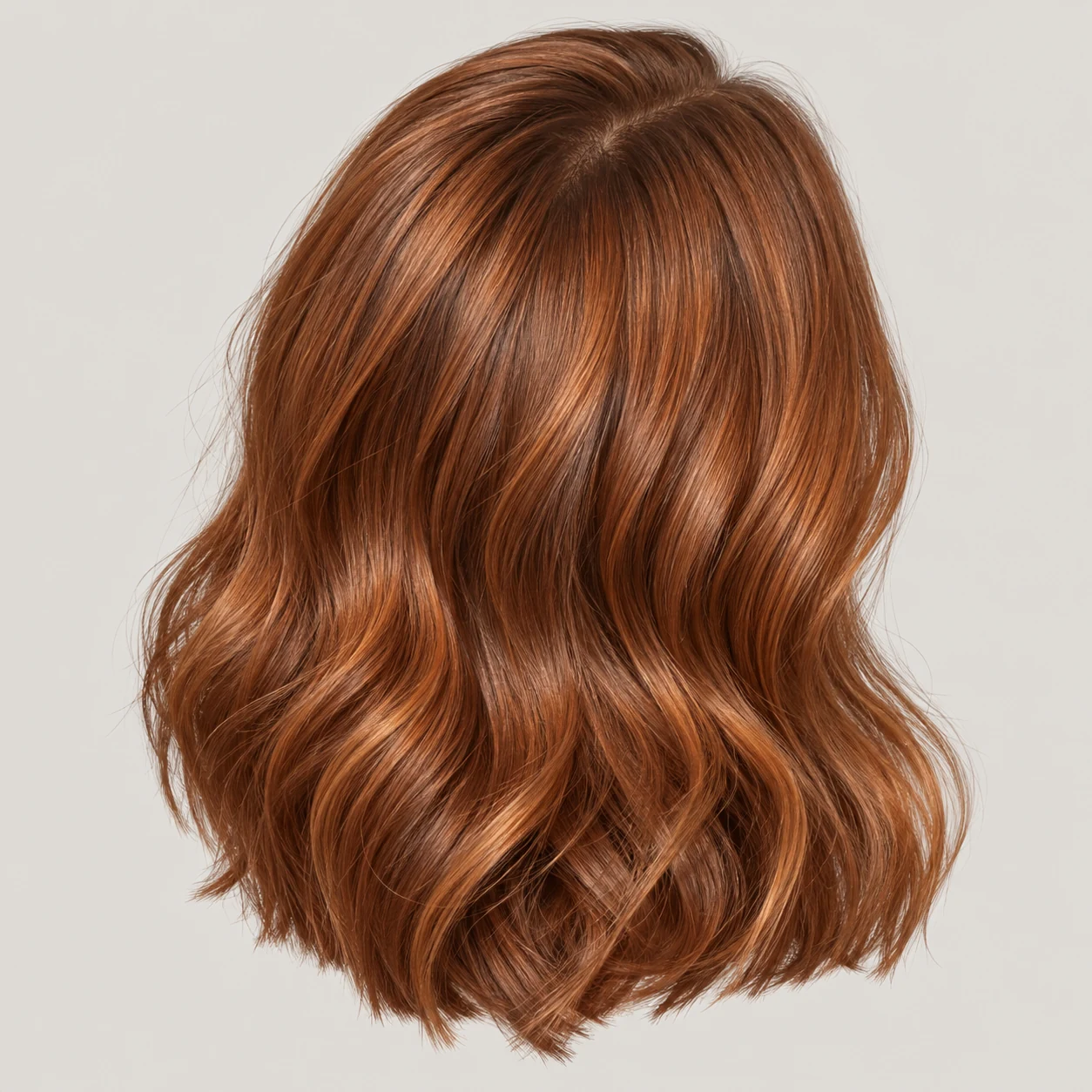 Copper hair with refreshed roots and glossy colour through the lengths.