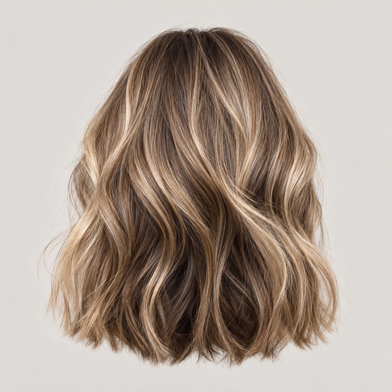 Creamy blonde highlights across the crown with a deeper natural underlayer.