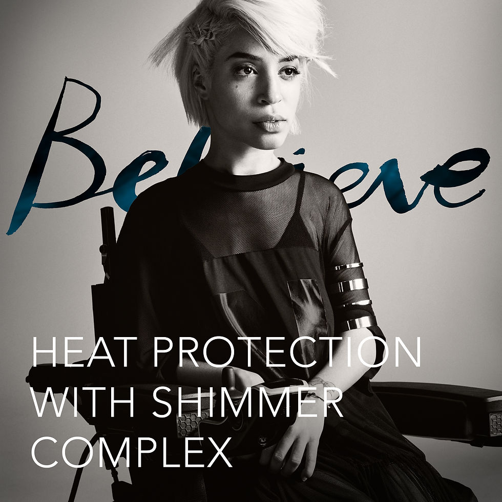 Miniature : black and white image lettering in background saying believe with model sitting and text