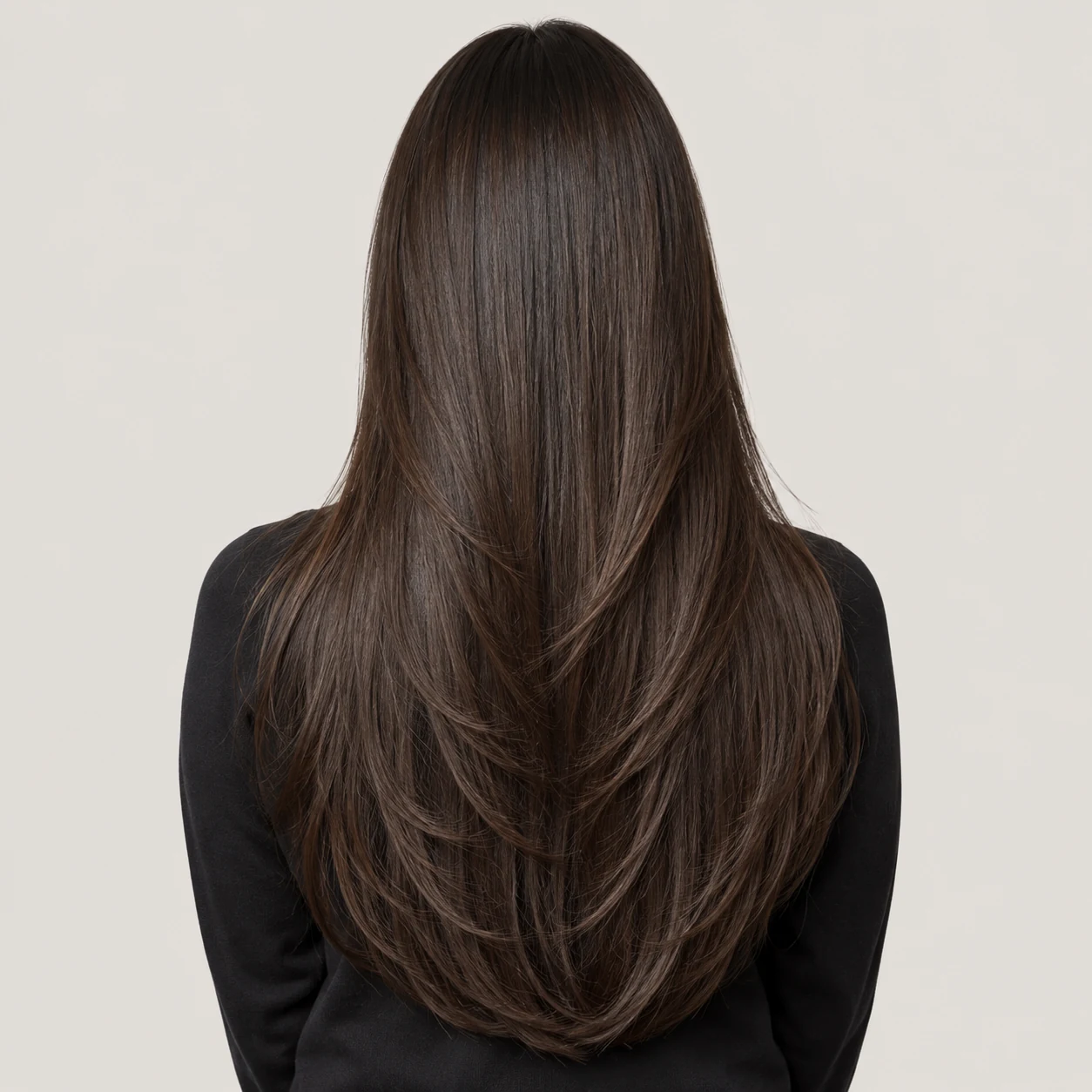 Long espresso hair with graduated layers and a clean U-shaped perimeter.