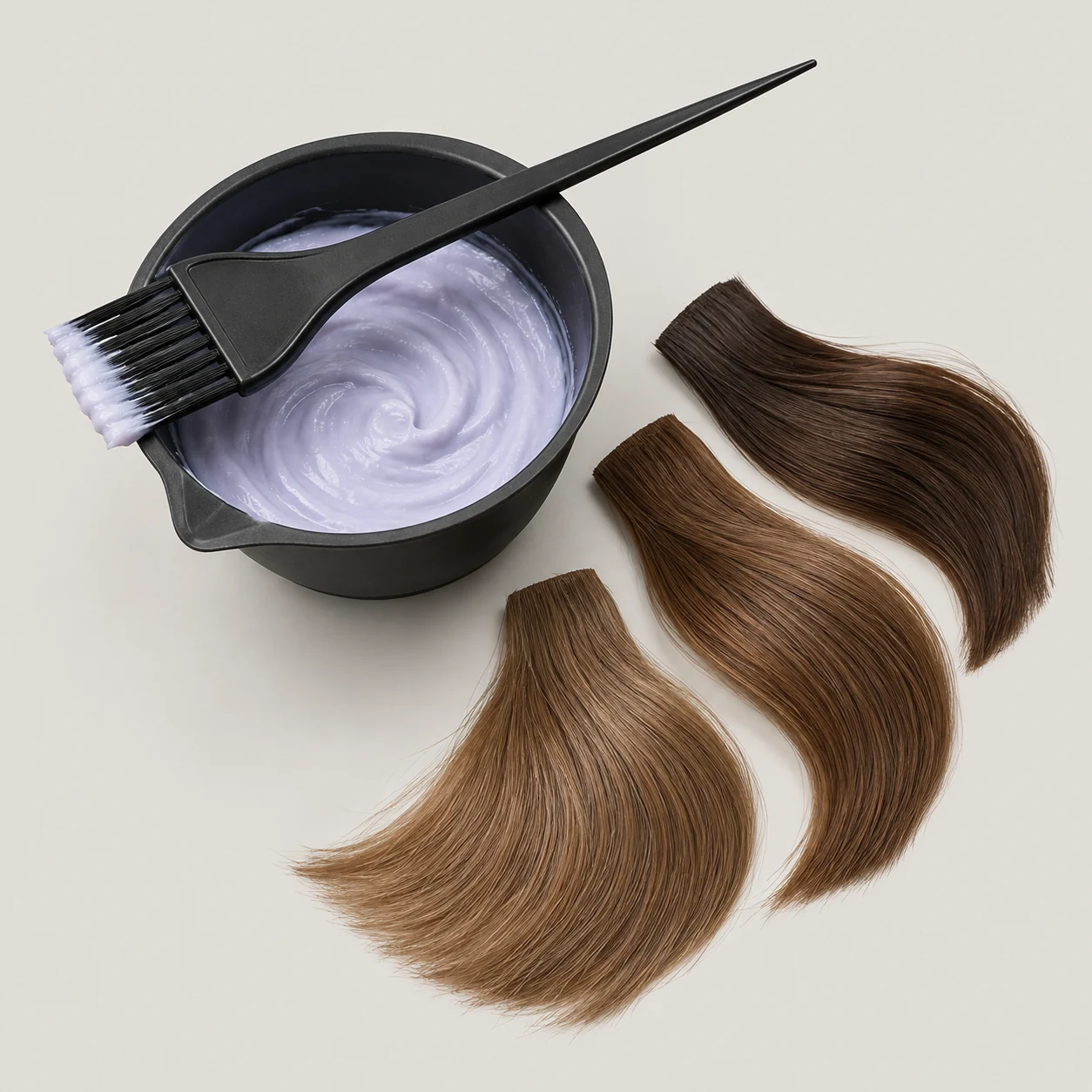 A bowl of lightening cream beside brunette colour-correction swatches.