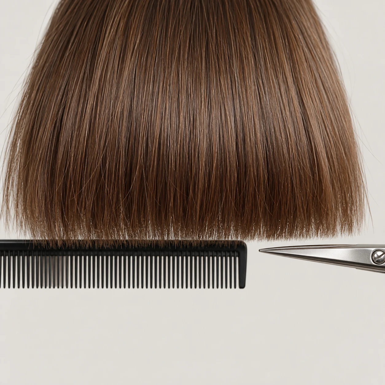 A precisely trimmed chestnut fringe above a black cutting comb.