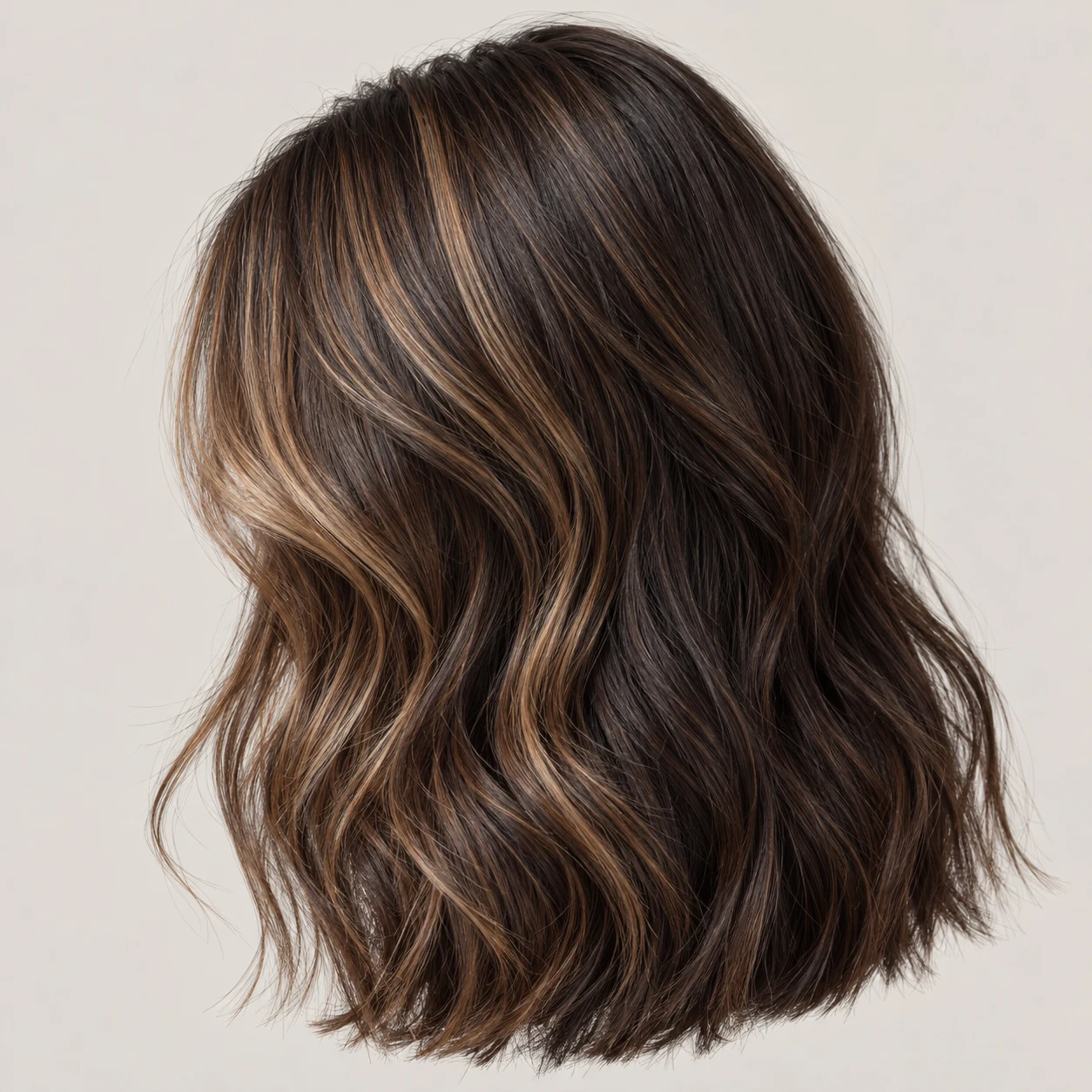 Dark brunette hair with selective fine caramel highlights through the outer sections.
