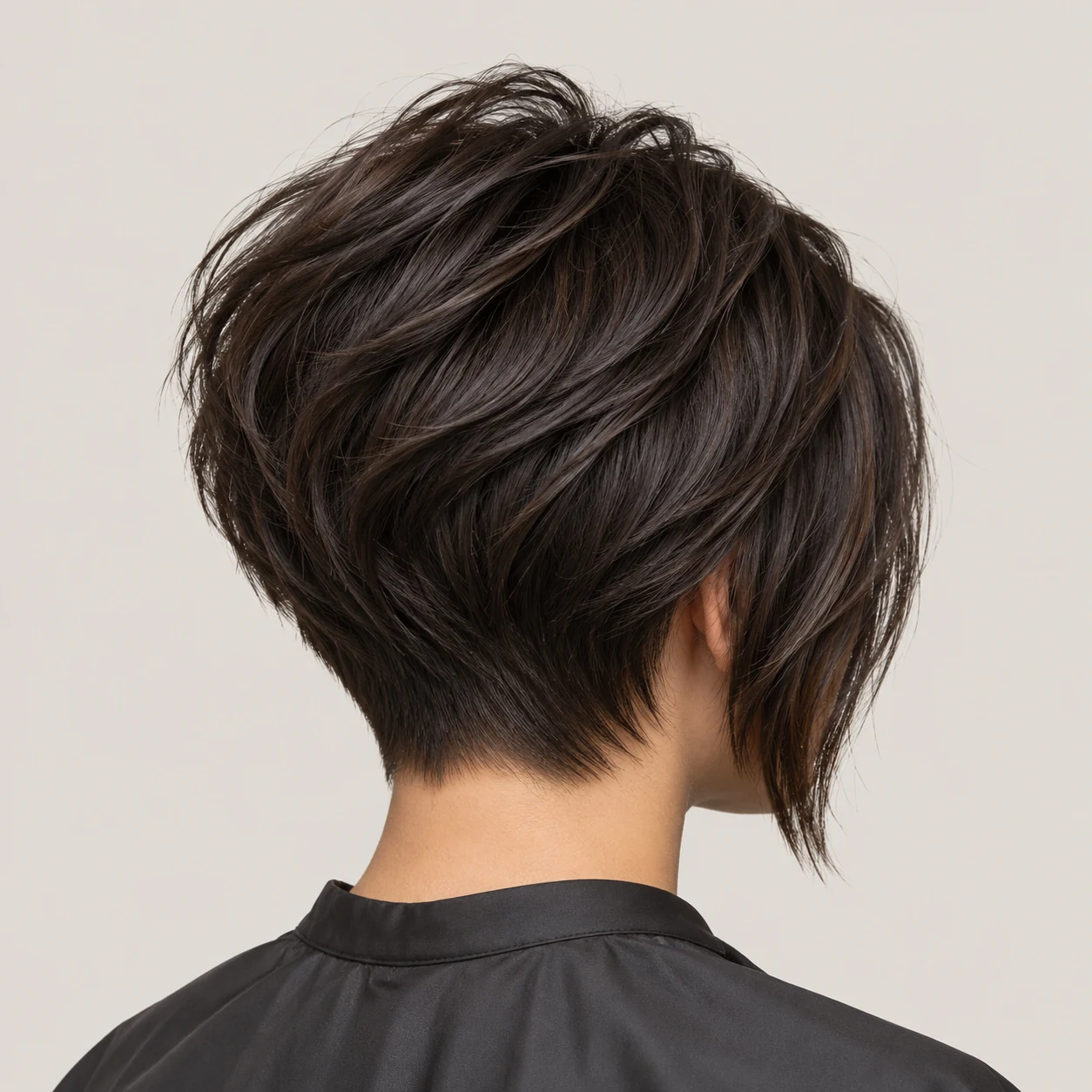 A sculpted short haircut with a textured crown and tapered nape.