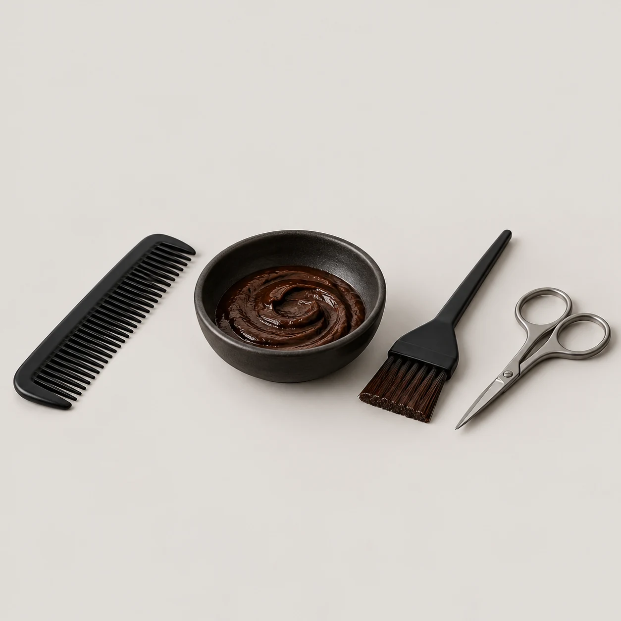 A beard comb, tint brush and a small dish of brown tint with grooming scissors.