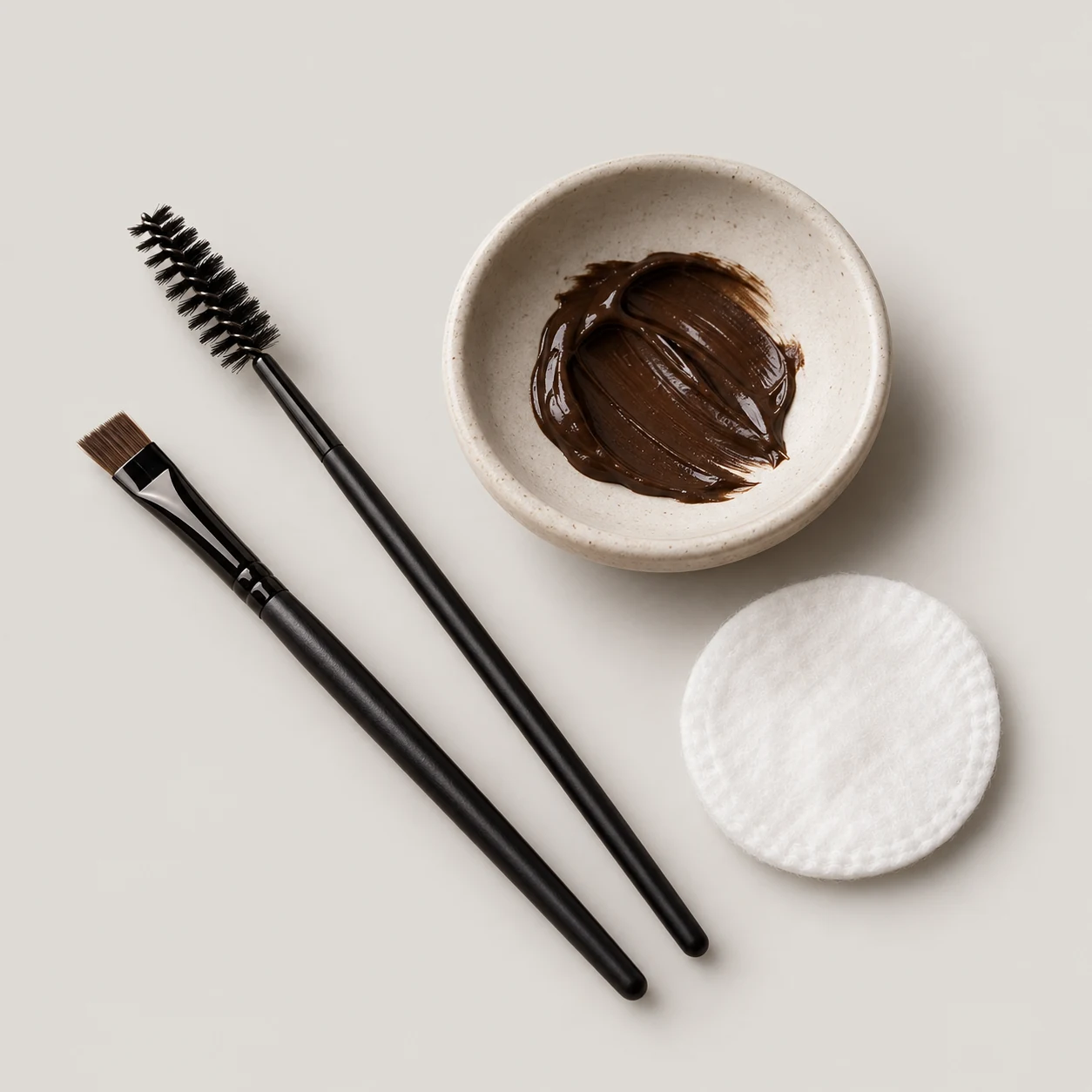 A spoolie, angled brow-tint brush and a small dish of brown tint.