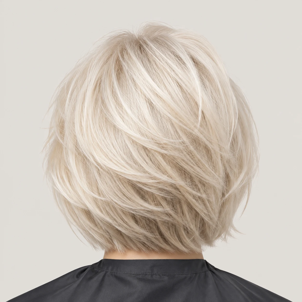 An evenly lightened creamy platinum blonde crop with soft layered texture.