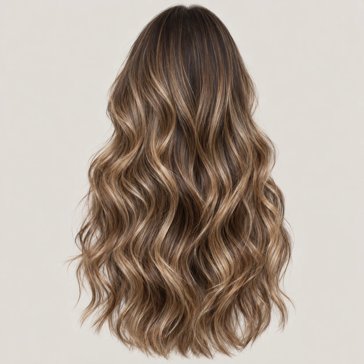 Long brunette hair with blended honey and beige balayage through the lengths.