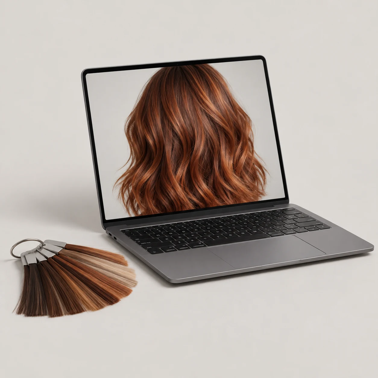 A laptop displaying a close-up of auburn hair beside colour swatches for a video consultation.