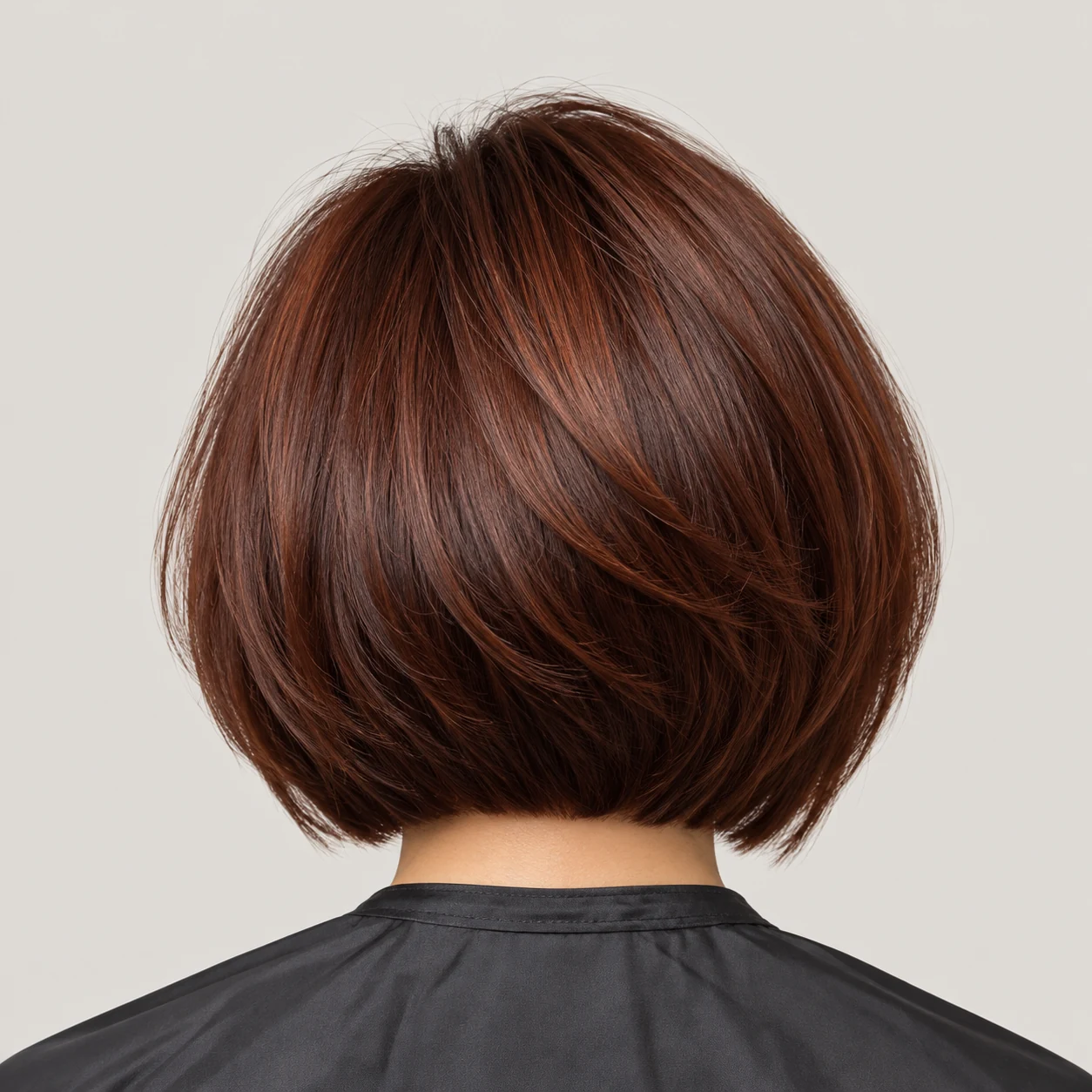 A short graduated auburn bob with a softly lifted crown.