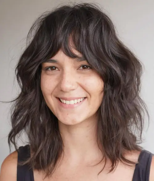 girl with mid length haircut with face framing layers and bangs