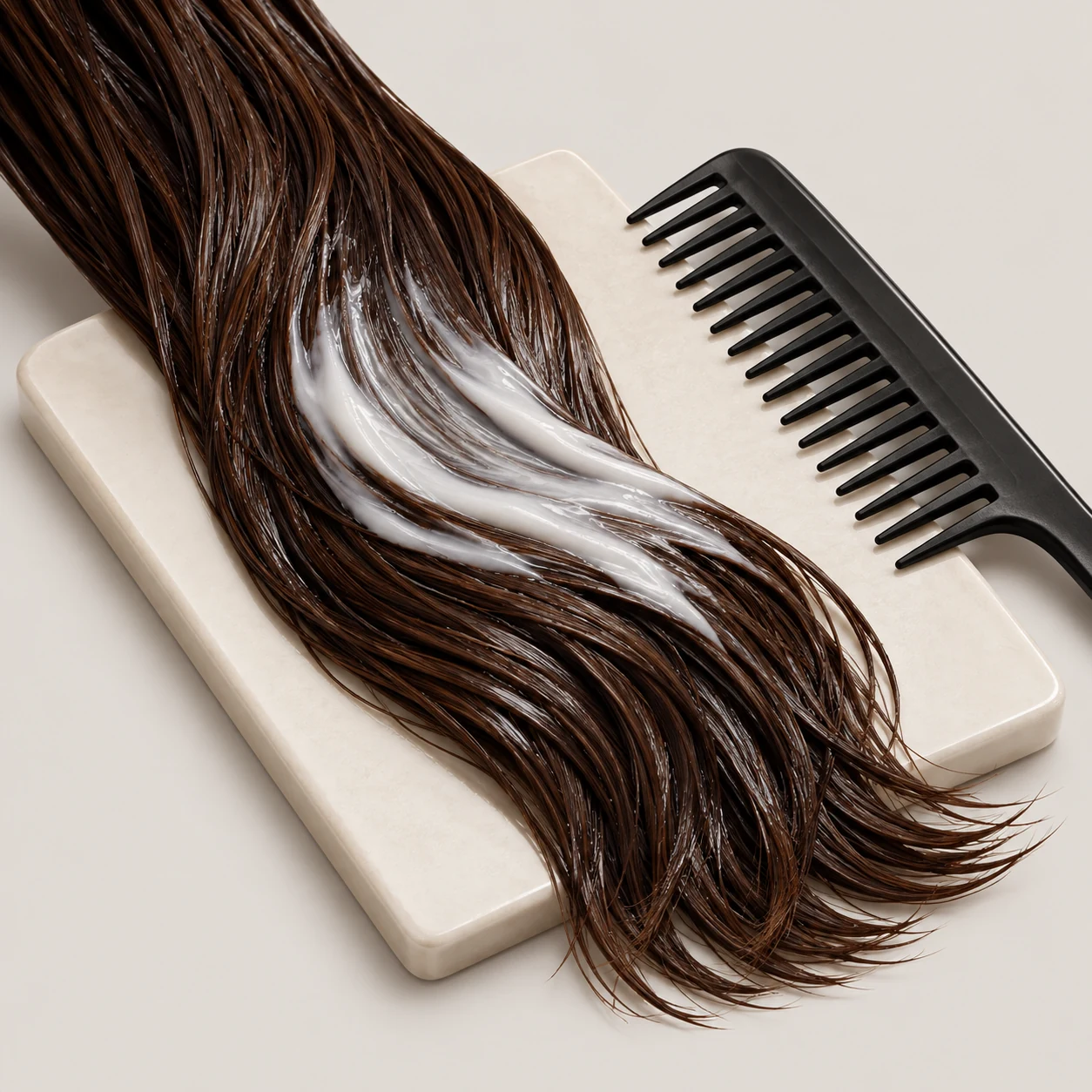 Conditioning cream applied to damp chestnut hair beside a wide-tooth comb.