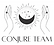 Conjure Team logo with hands surrounding a crescent moon and stars in black and white.