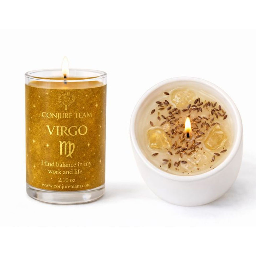 Virgo affirmation candle with zodiac symbol in decorative glass jar.