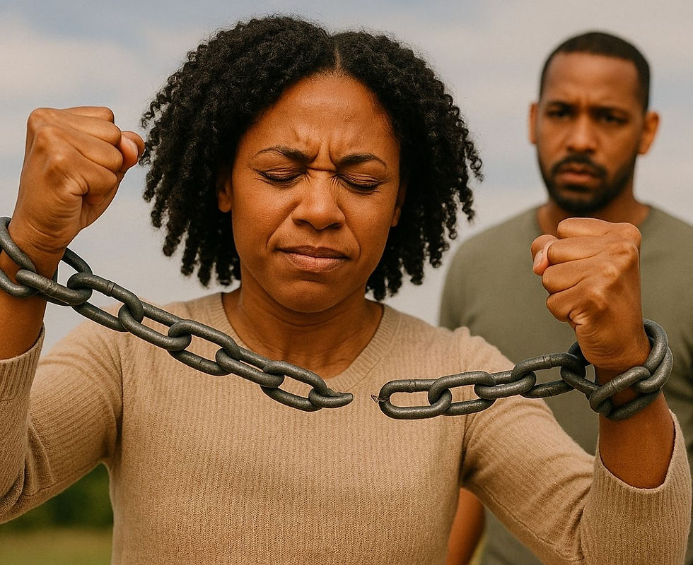 African American woman breaks chains while toxic partner looks on, symbolizing freedom from cycles.