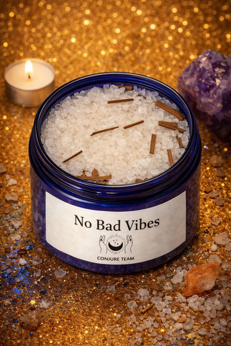 No Bad Vibes Bath Salt made to help clear unwanted energy and create a calmer, lighter personal atmosphere.
