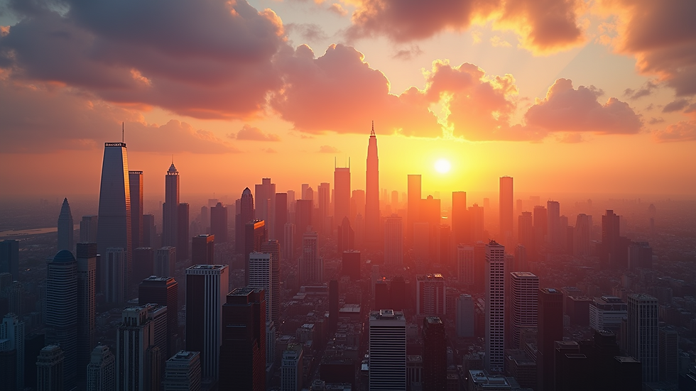 High angle view of a vibrant city skyline at sunset