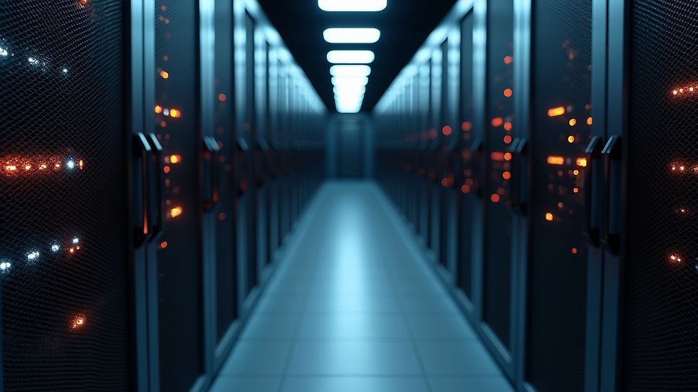 High angle view of a server room with blinking lights