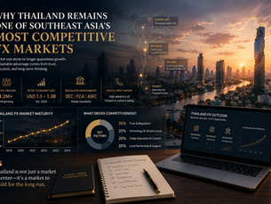 Editorial illustration of Bangkok's skyline with business intelligence dashboards representing Thailand's FX market, market maturity, broker competition, trust, and long-term growth strategy.