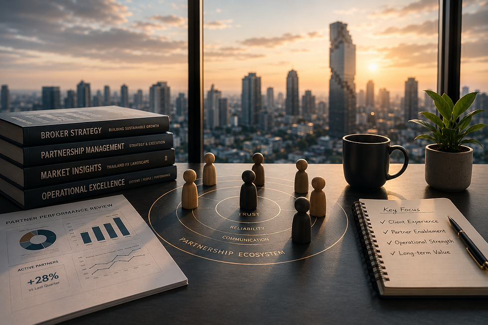 Editorial illustration showing partnership strategy concepts with business figures, performance reports, books on broker strategy, and a modern city skyline representing long-term Introducing Broker relationship management.