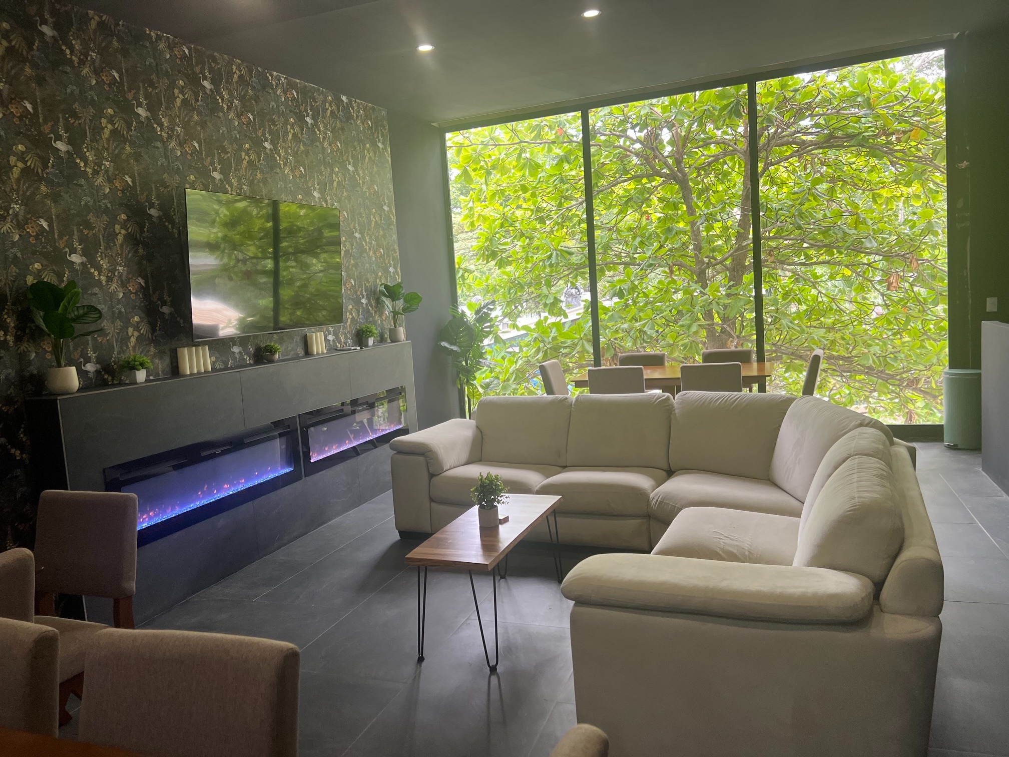 Sala La Mona lounge with electric fireplaces and tree canopy windows
