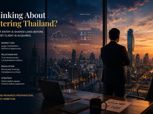 Senior executive overlooking the Bangkok skyline while evaluating Thailand market expansion strategy, representing leadership, operational planning, local execution, and sustainable broker growth.