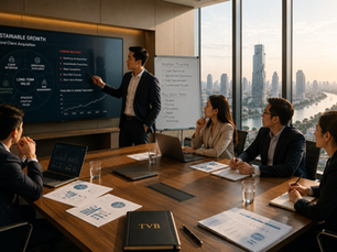 Executive leadership team discussing sustainable broker growth strategy in Thailand during a boardroom meeting overlooking the Bangkok skyline, highlighting client retention, operational capability, trusted partnerships, and long-term market expansion.