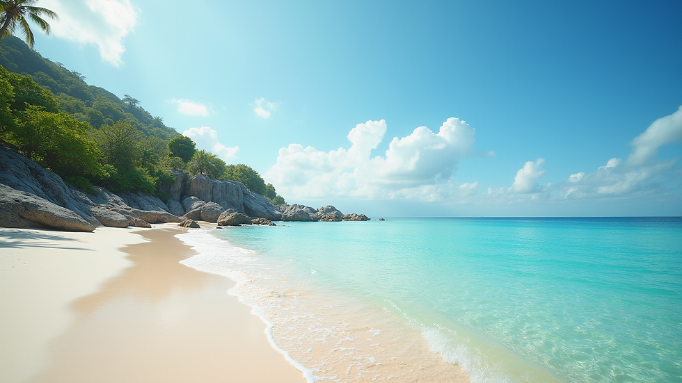 Wide angle view of a serene beach with crystal clear waters
