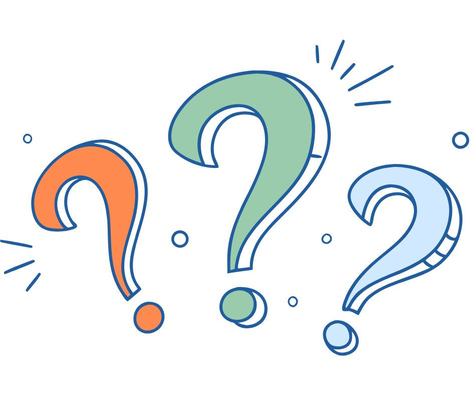 Three colorful question marks—orange, green, and blue—on a white background, suggesting curiosity or confusion.