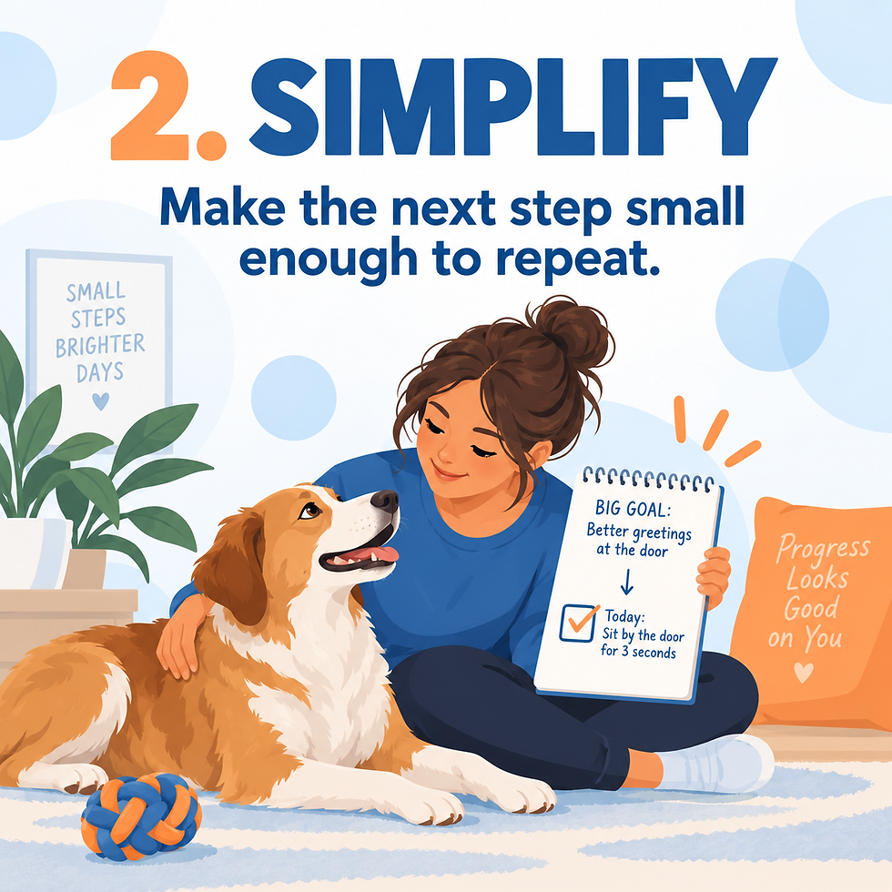 Illustrated woman sits with a dog, holding a goal notepad; headline reads 2. SIMPLIFY and Make the next step small enough to repeat.