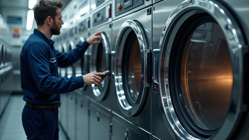 High angle view of a technician inspecting a dryer