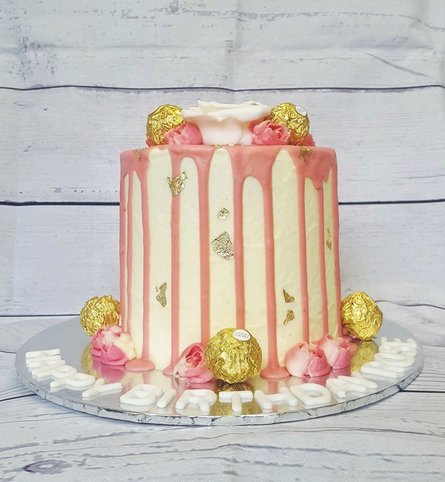 Pink & gold drip cake